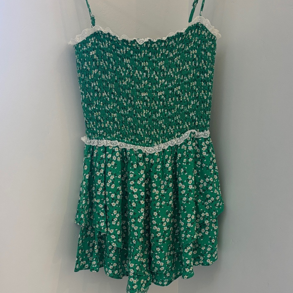 Green Floral Smocked Mini Romper with Lace Trim